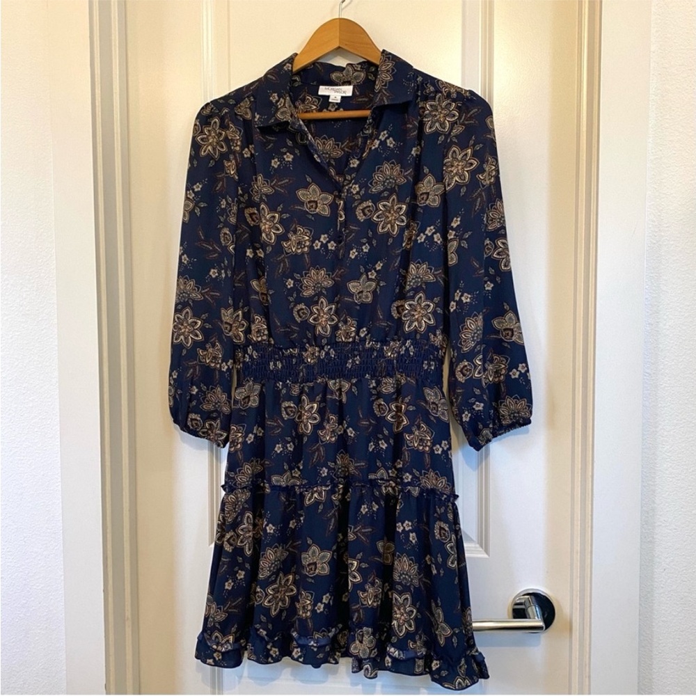 Morgan Taylor navy blue w Fall Floral paisley Dress crop sleeve, size Medium
